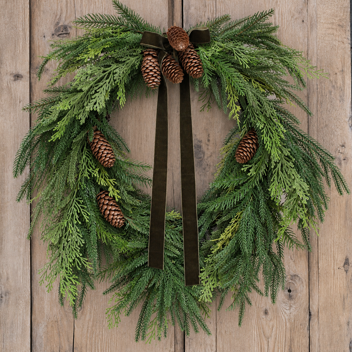24 inch holiday pine wreath with pinecones and green ribbon