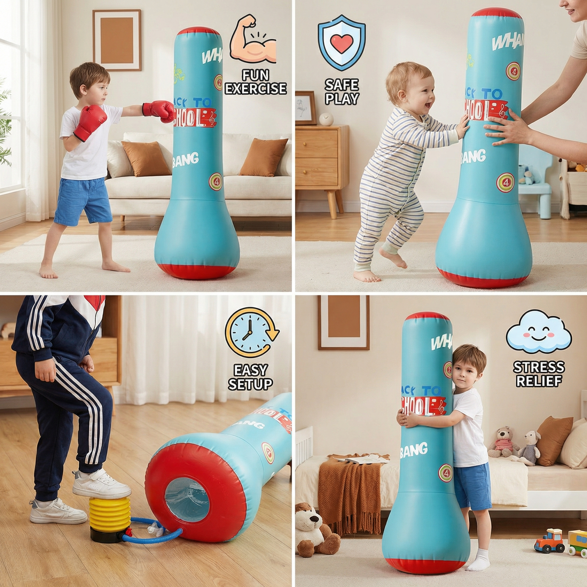 Inflatable Kids Punching Bag with Water Filled Base for Indoor and Outdoor Play in Black Or Blue