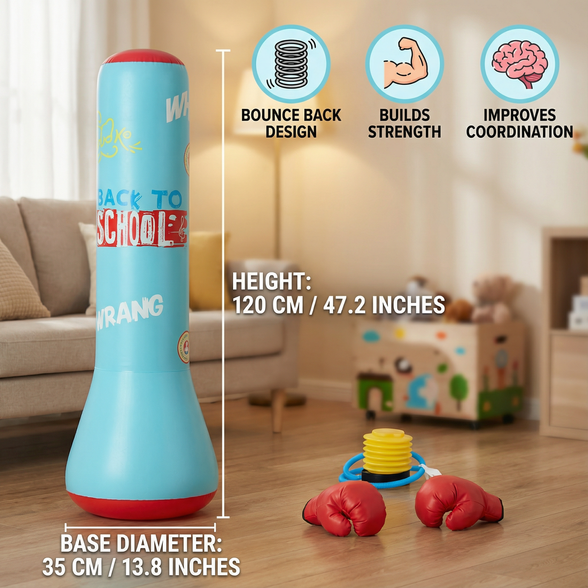 Inflatable Kids Punching Bag with Water Filled Base for Indoor and Outdoor Play in Black Or Blue