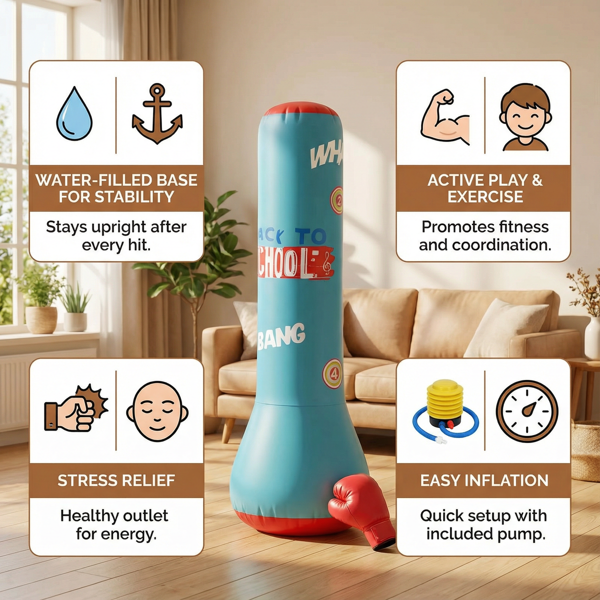 Inflatable Kids Punching Bag with Water Filled Base for Indoor and Outdoor Play in Black Or Blue