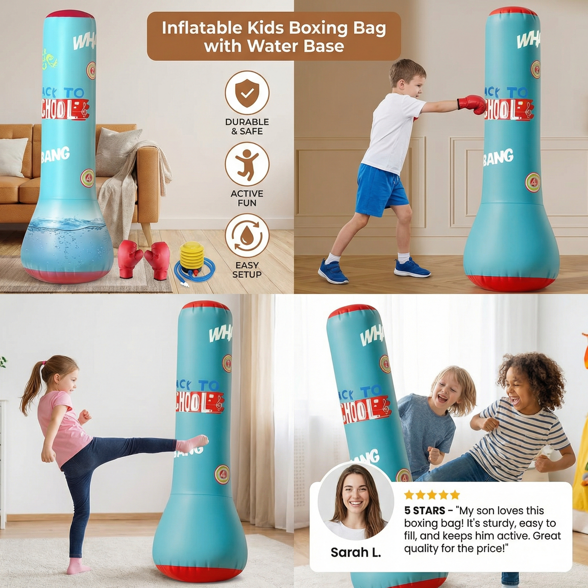 Inflatable Kids Punching Bag with Water Filled Base for Indoor and Outdoor Play in Black Or Blue