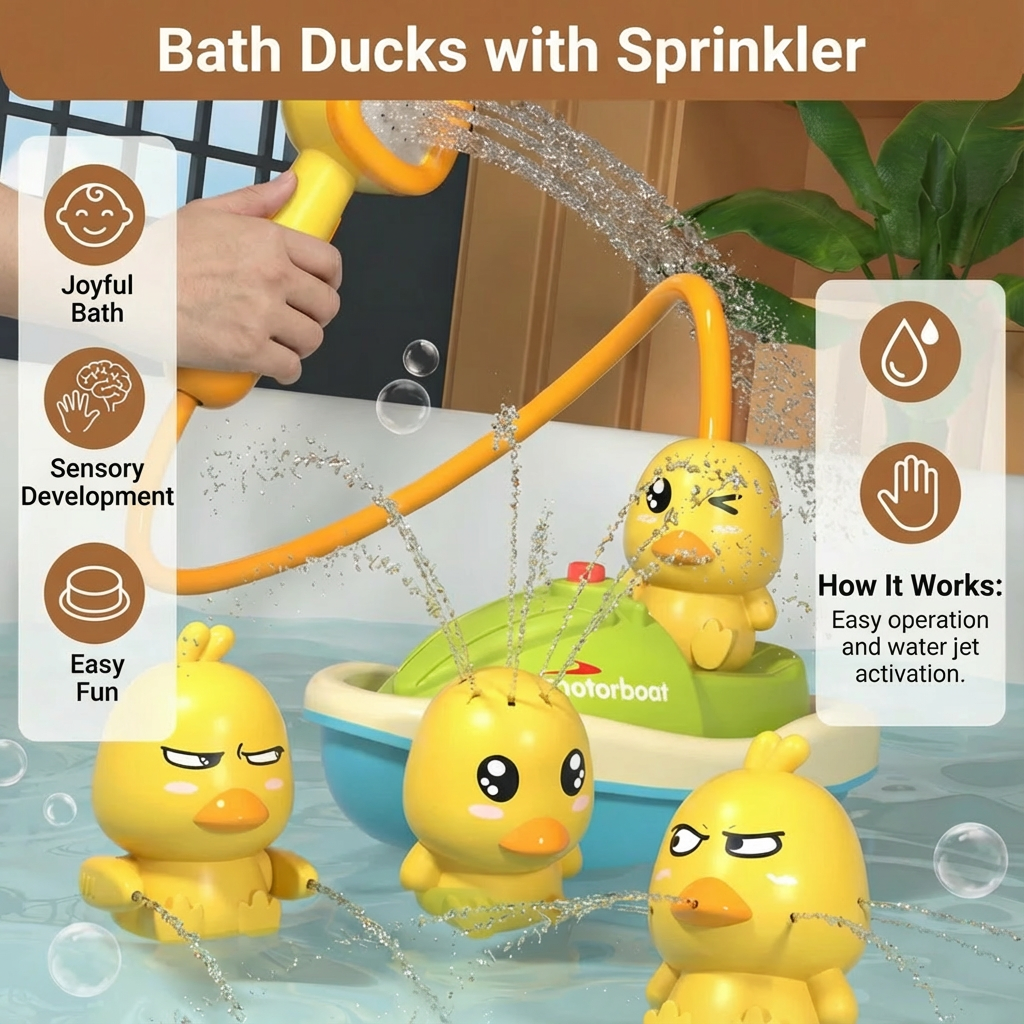 Duck Fountain Bath Toy Set with Motorized Boat and Squirting Figures