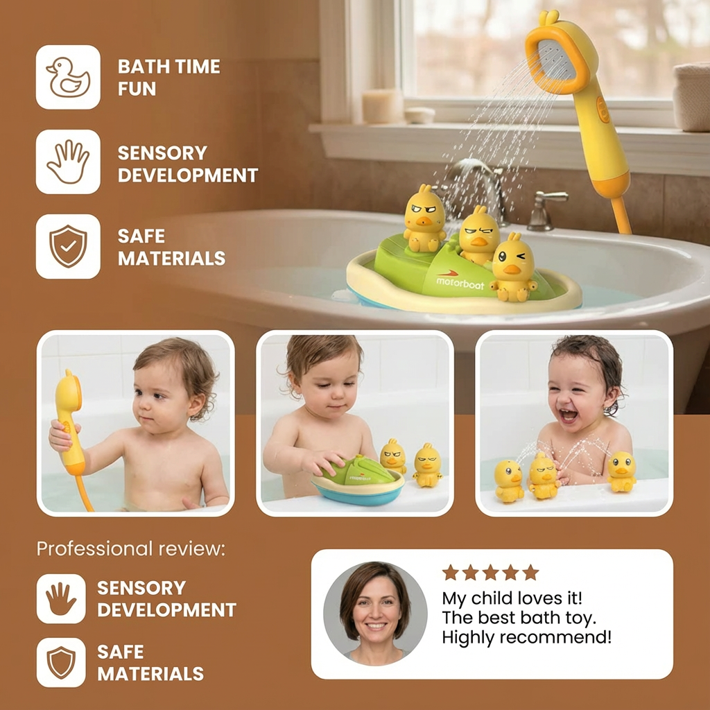 Duck Fountain Bath Toy Set with Motorized Boat and Squirting Figures