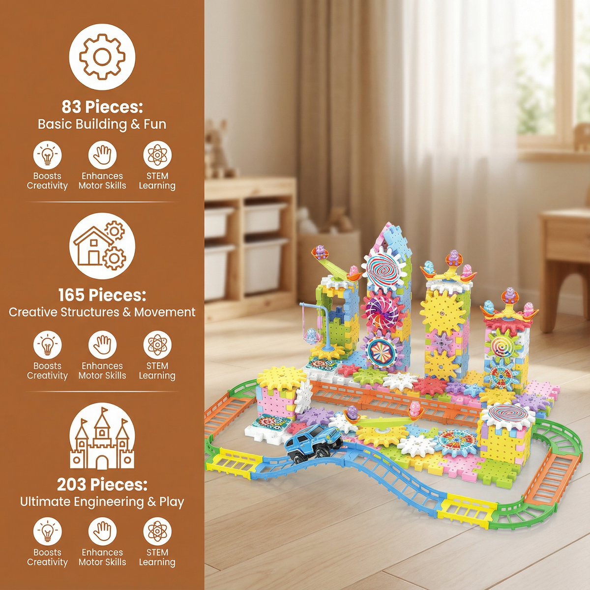 Rotating Gear Building Blocks Set with Colorful Pieces for Kids