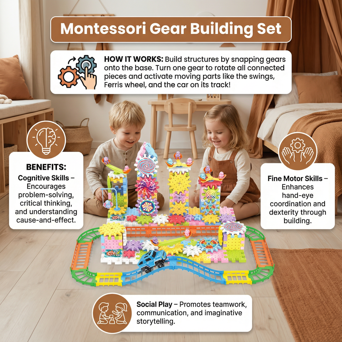 Rotating Gear Building Blocks Set with Colorful Pieces for Kids