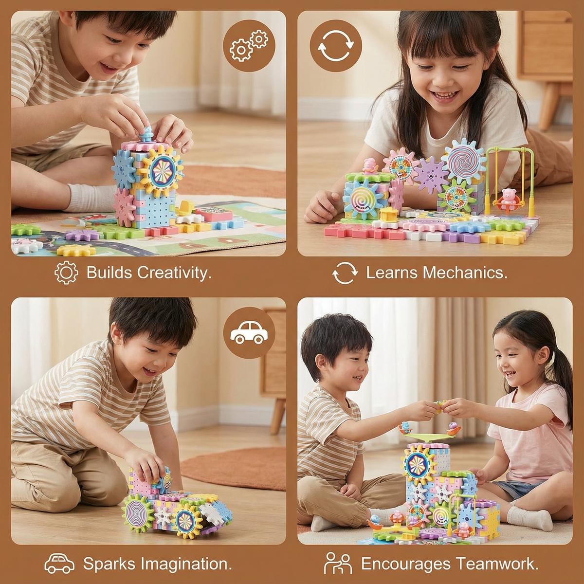 Rotating Gear Building Blocks Set with Colorful Pieces for Kids