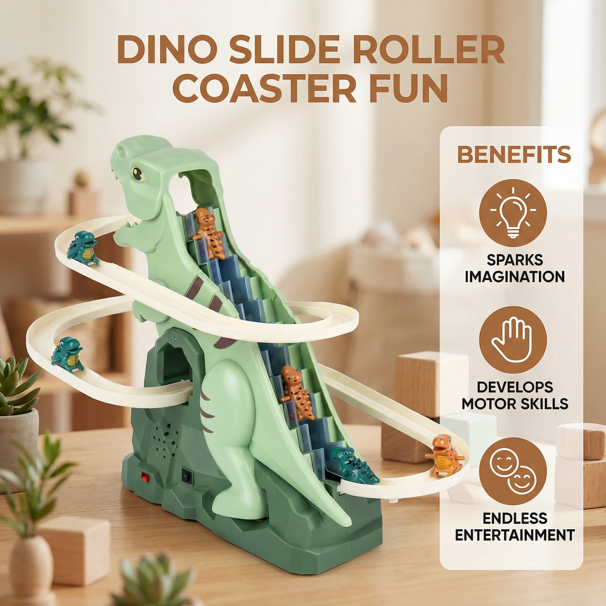 Dinosaur Climbing Slide with Roller Coaster Track for Kids
