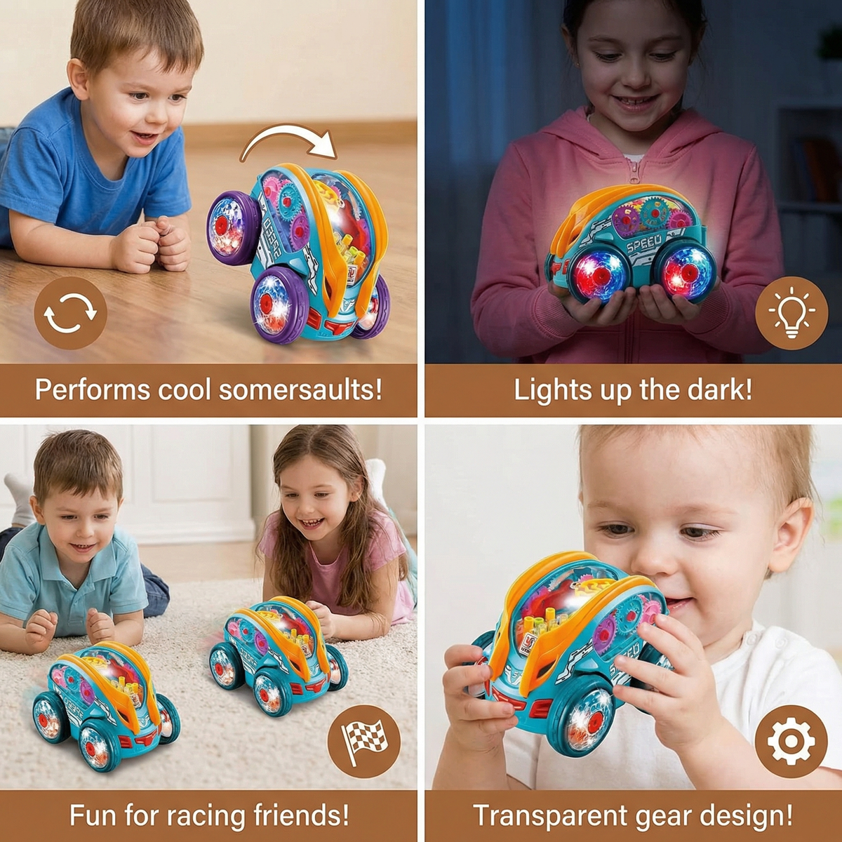 Flipping Stunt Car with Multicolor LED Lights and 360 Degree Rotation, Rechargeable