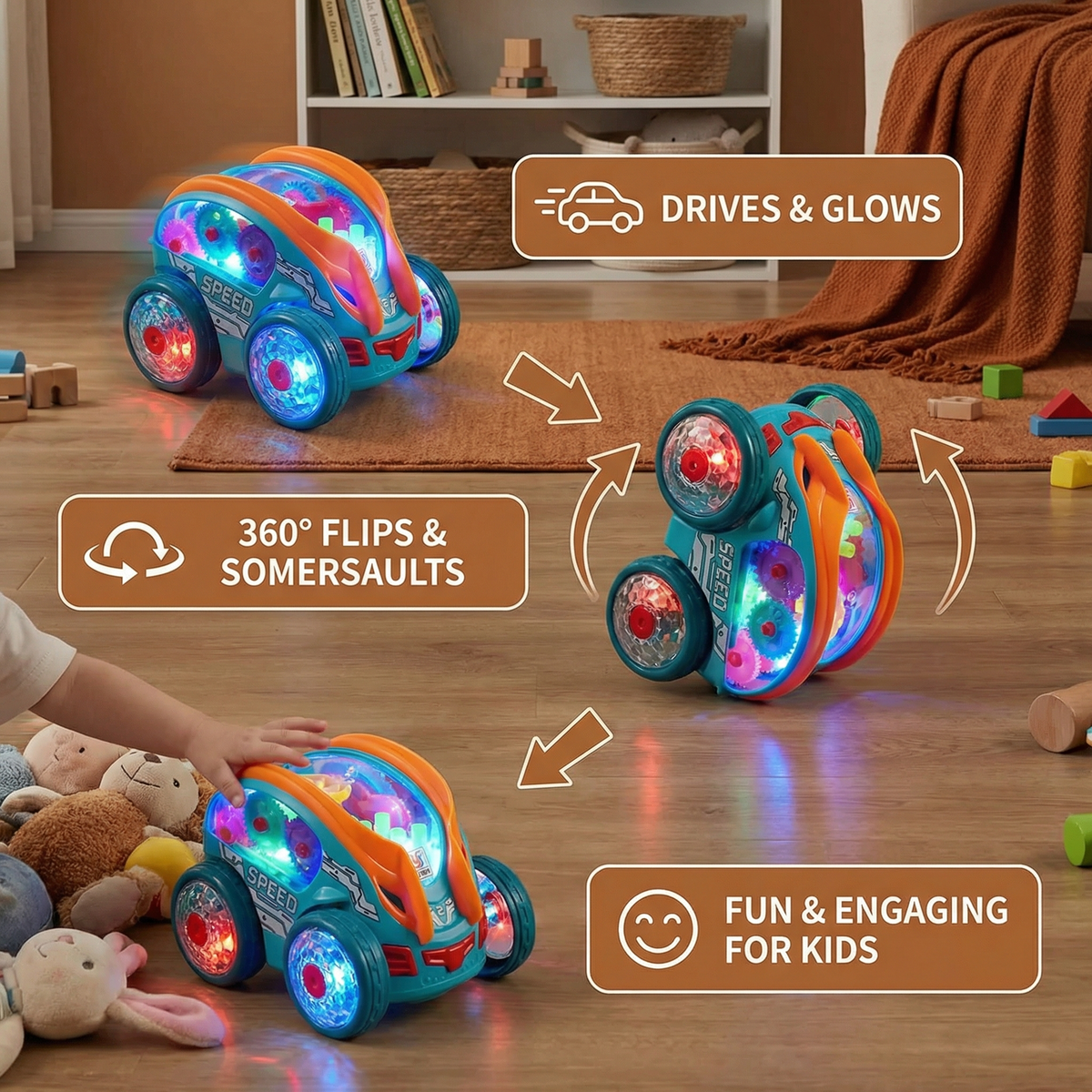Flipping Stunt Car with Multicolor LED Lights and 360 Degree Rotation, Rechargeable