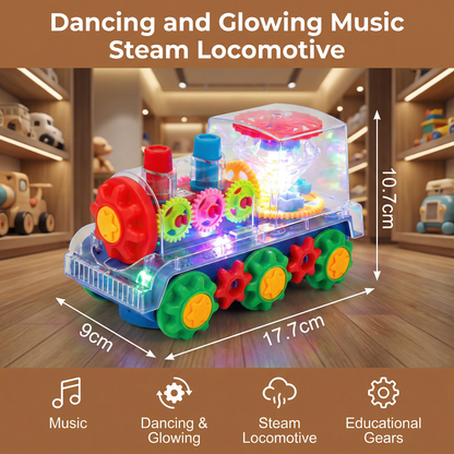 Musical Steam Train Toy with Spinning Gears, Light Display and Obstacle Avoidance