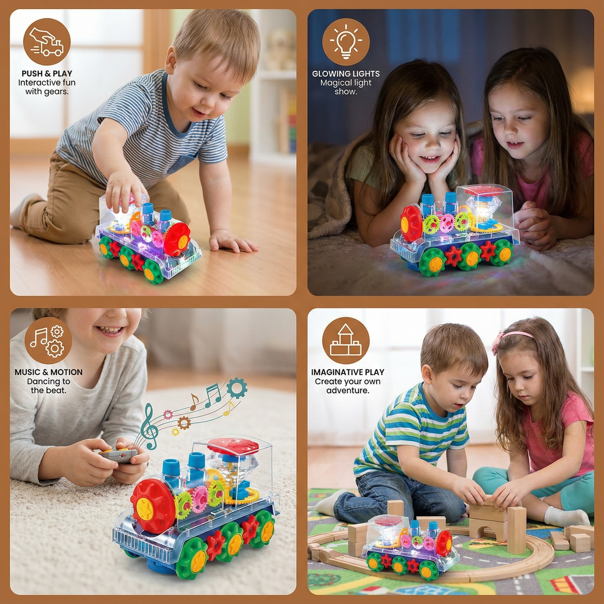 Musical Steam Train Toy with Spinning Gears, Light Display and Obstacle Avoidance