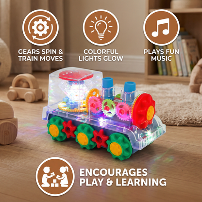 Musical Steam Train Toy with Spinning Gears, Light Display and Obstacle Avoidance