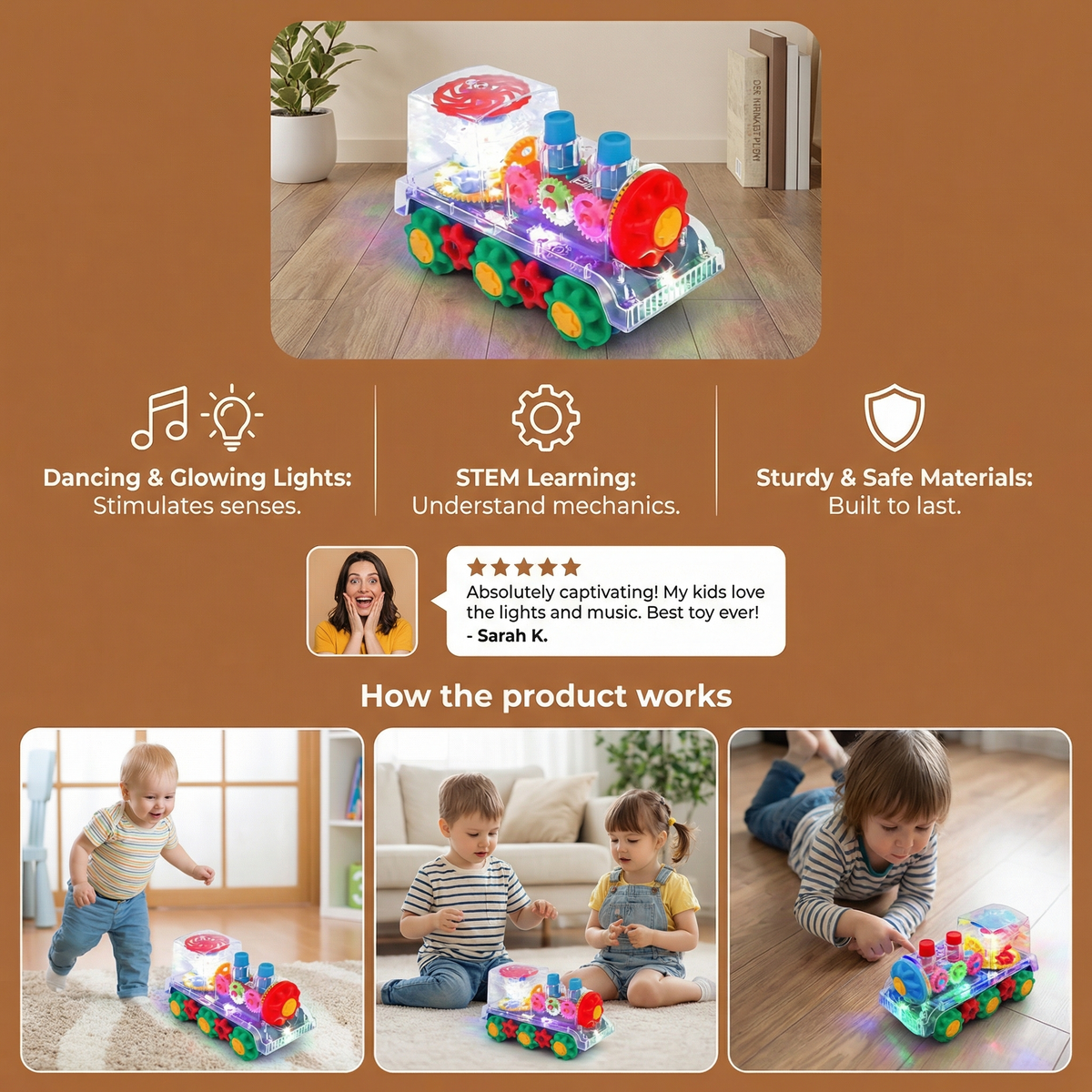 Musical Steam Train Toy with Spinning Gears, Light Display and Obstacle Avoidance