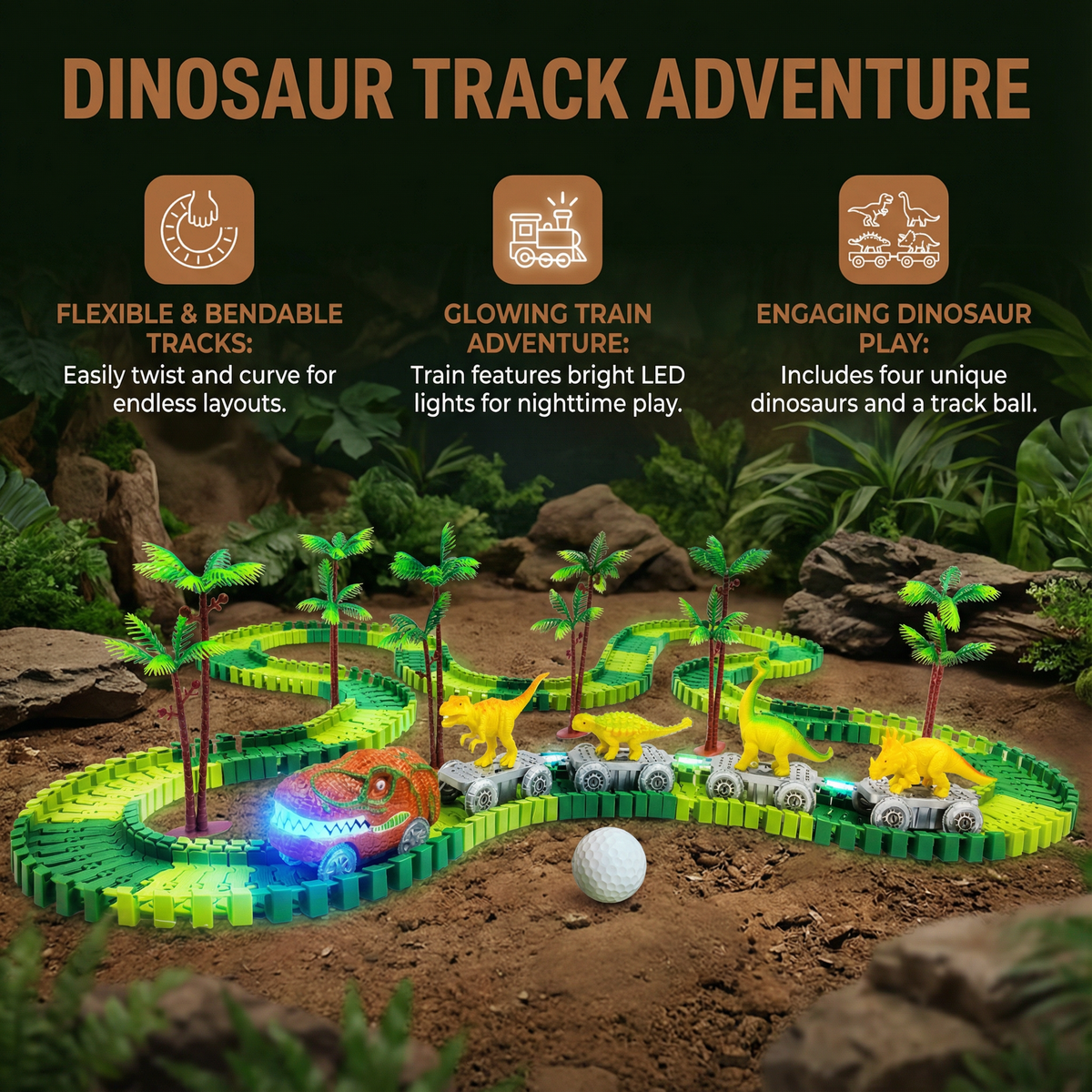Flexible Track Set with LED Glowing Train and Dinosaur Figures