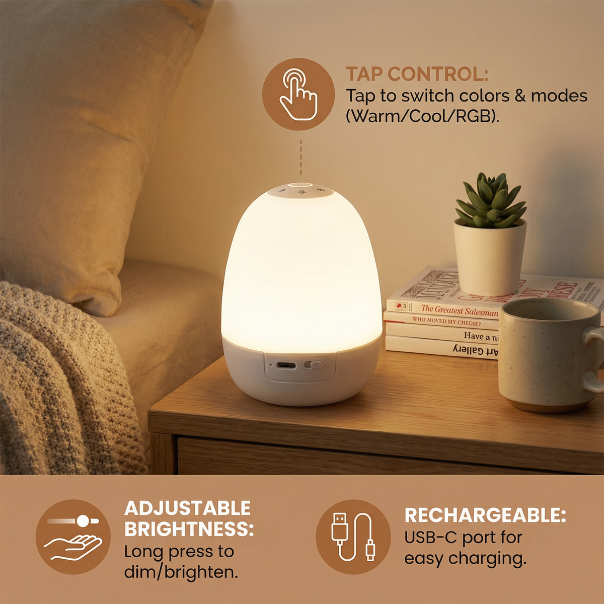 Egg Shaped Silicone LED Night Light with Touch Control for Color and Brightness Changes