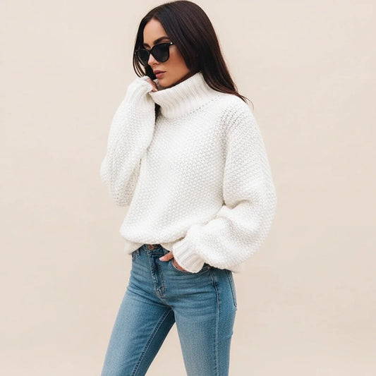 Oversized Turtleneck Sweater for Women with Chunky Knit Design