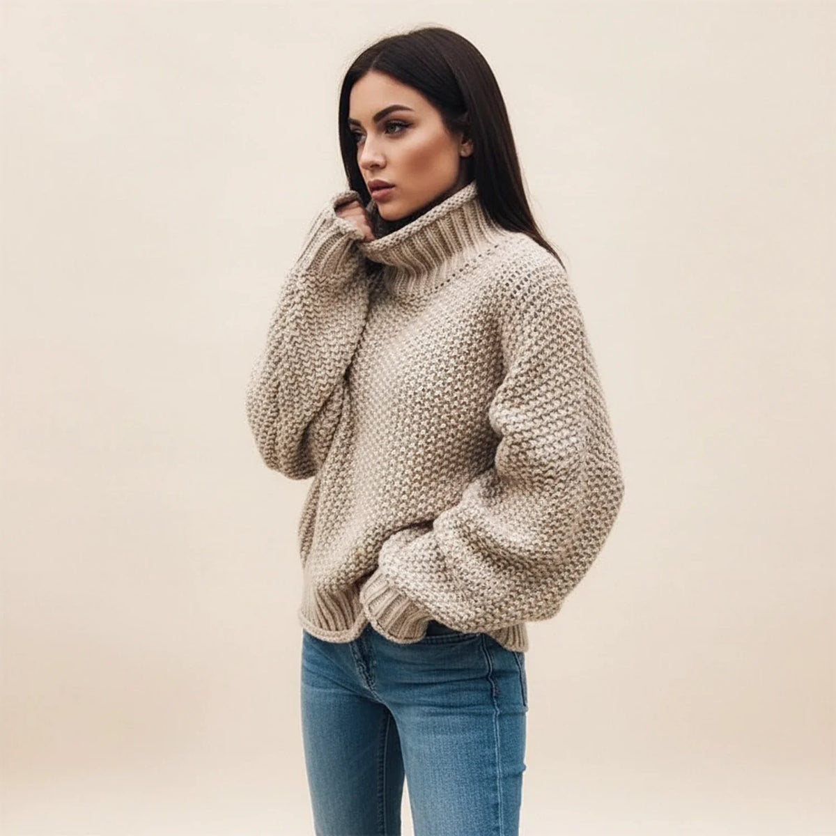 Oversized Turtleneck Sweater for Women with Chunky Knit Design