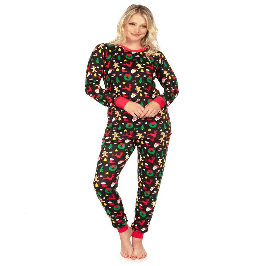 Womens Cookie Cutter Holiday Pajama Set with Crew Neck Top and Pocketed Drawstring Pants