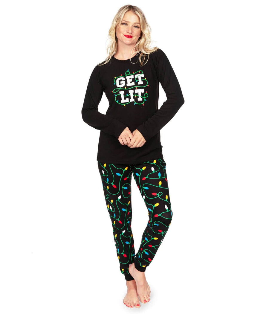 Womens Christmas Pajama Set with Fairy Light Print Pants and Crew Neck Top