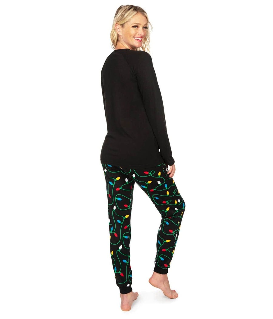 Womens Christmas Pajama Set with Fairy Light Print Pants and Crew Neck Top