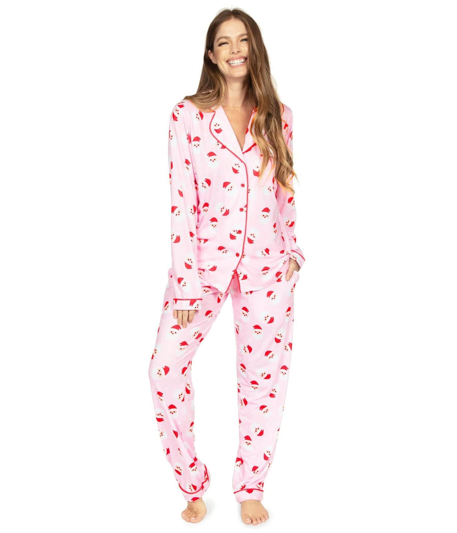 Pink Santa Print Lapel Pajama Set for Women Christmas Mornings and Cozy Holiday Nights